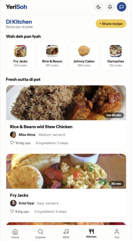Di Kitchen screen on YeriSoh, showing recipe cards with food photos and big ups